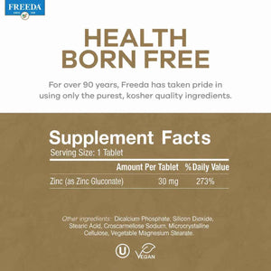 FREEDA Elemental Zinc 30mg - Vegan Immune, Skin & Eye Support - 100 Tabs - Tiny Easy-to-Swallow Tablets Made with Zinc Gluconate - Gluten-Free, Kosher, and Made in USA GMP-Compliant Facilities
