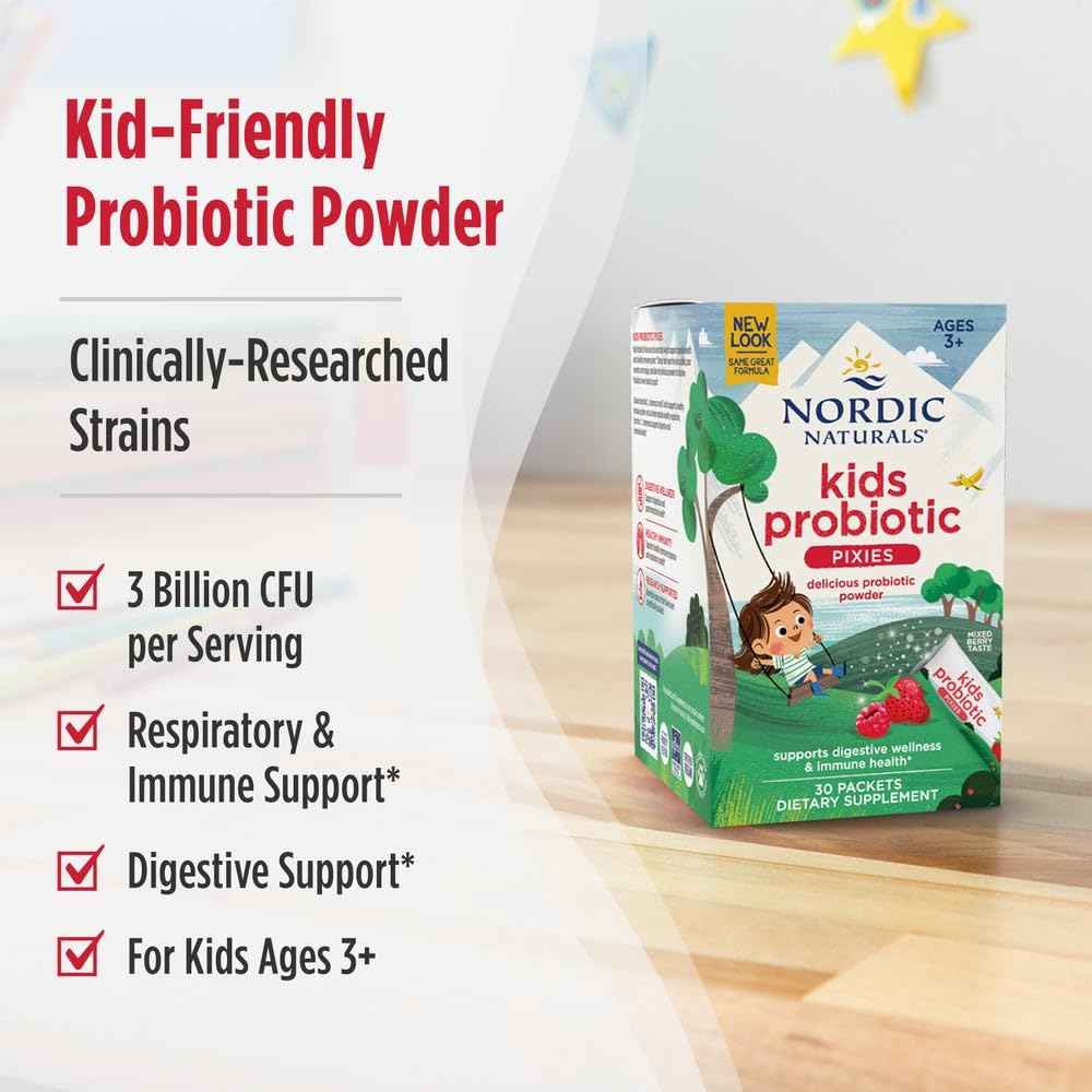 Nordic Naturals Kids Probiotic Quick Melt Powder, Mixed Berry - 30 Packets - 3 Billion CFU - Digestive Wellness, Immune Support - Non-GMO, Vegan - 30 Servings
