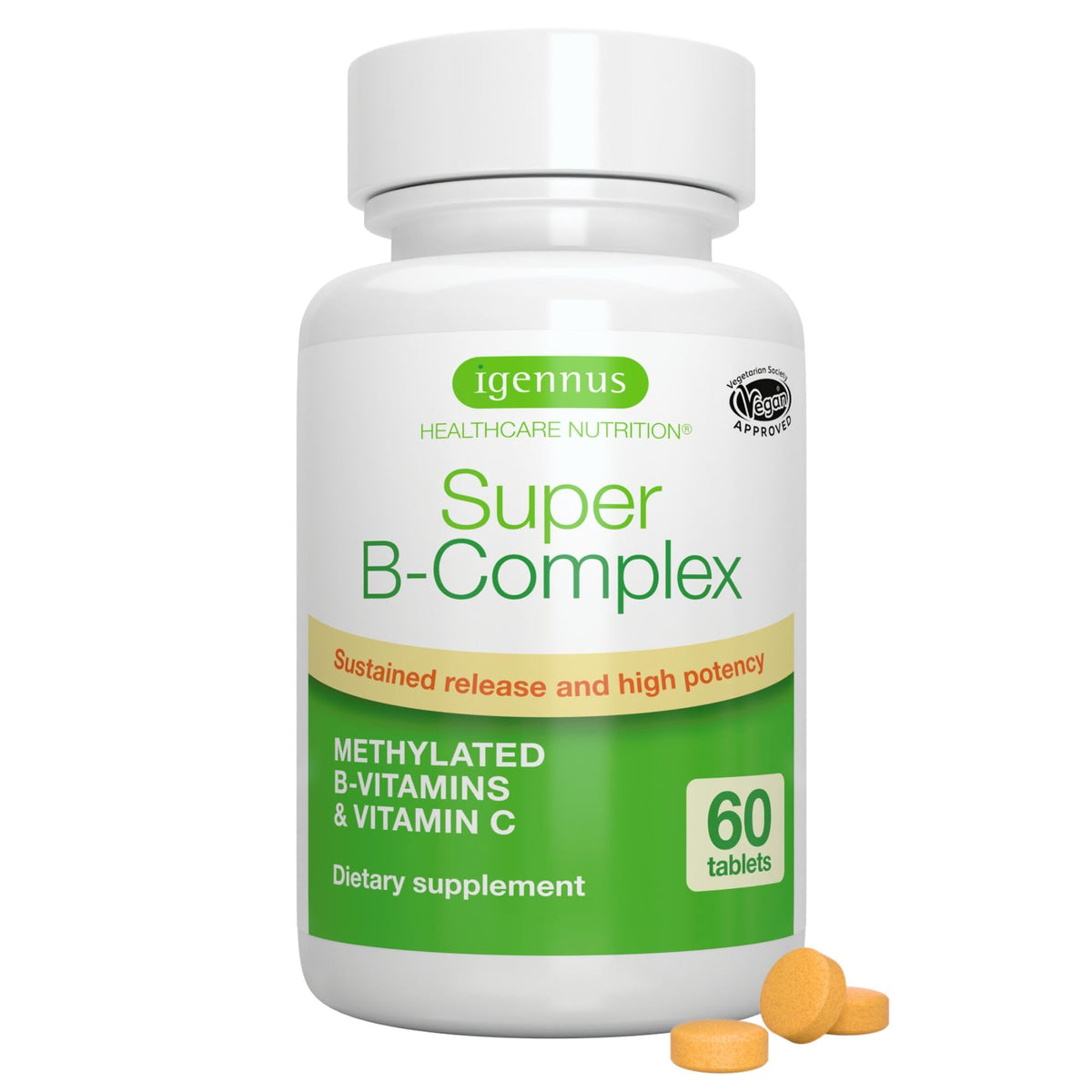 Igennus High Absorption Super B-Complex Methylated & Active B Vitamins - Sustained Release, Clean Label, Energy, Mood & Cognitive Performance, Methylfolate & Methyl B12, Lab Verified, 60 Tablets