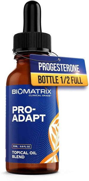 BioMatrix Progesterone, Vitamin E, Rice Bran Topical Oil - Bottle 1/2-Full by Design - Crafted in USA, 15 mL Glass - Pro-Adapt