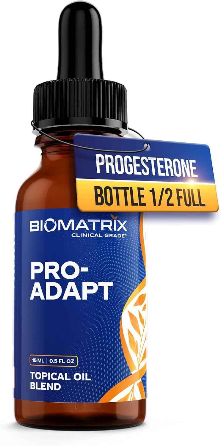 BioMatrix Progesterone, Vitamin E, Rice Bran Topical Oil - Bottle 1/2-Full by Design - Crafted in USA, 15 mL Glass - Pro-Adapt