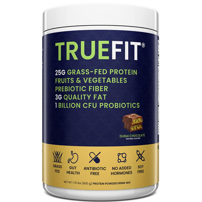 TrueFit Grass-Fed Whey Protein Powder + Fiber & Probiotics, Vanilla Shake - 25g Gut Healthy Protein with Fiber, Probiotics & Non-GMO Superfoods for Complete Meal Replacement Shake with Nothing Fake