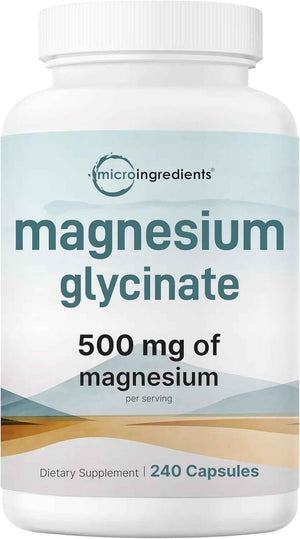 Micro Ingredients Magnesium Glycinate 500mg Per Serving, 240 Capsules - Potent Elemental Form, Chelated, High Absorption - Healthy Muscle, Bones, & Mood Support Supplement - Non-GMO