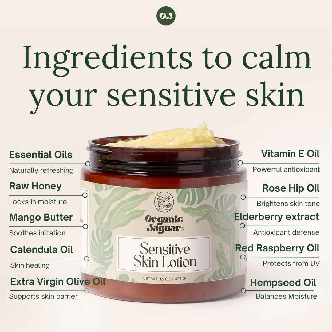 Organic Jaguar Natural Body Lotion for Sensitive Skin, Scent Free, Sulfate & Paraben Free Body Care, Moisturizer With Essential Oils, Vitamin E Oil, Beeswax, Extra Virgin Olive Oil, Raw Honey, 8 oz