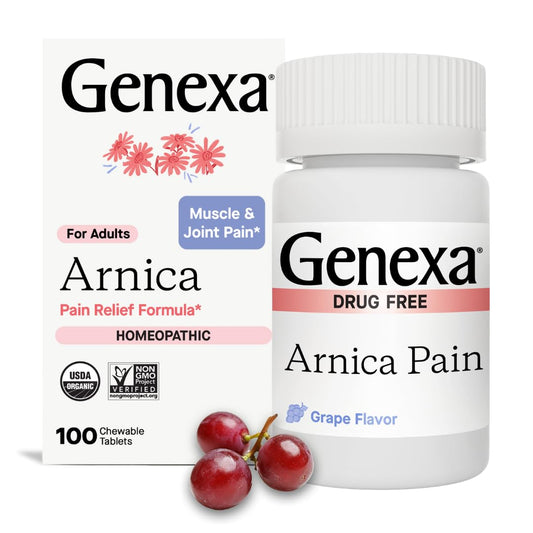 Genexa Arnica for Pain Relief | Alleviate Muscle & Joint Pain, Soreness & Stiffness | Reduces Bruises & Swelling | Organic Grape Flavor | Homeopathic Remedy Made Clean | 100 Chewable Tablets
