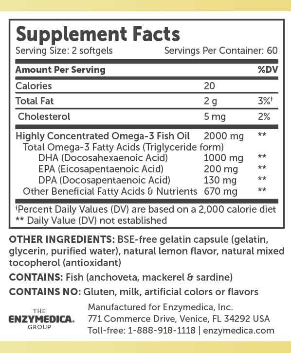 Aqua Biome by Enzymedica Omega 3 Fish Oil Maximum Strength - 120 Softgels - Fish Oil Omega 3 Fatty Acid Supplement for Women & Men, Source of DPA, EPA, & DHA, Heart & Brain Health Support, Gluten Free