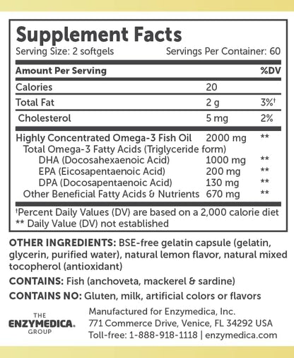 Aqua Biome by Enzymedica Omega 3 Fish Oil Maximum Strength - 120 Softgels - Fish Oil Omega 3 Fatty Acid Supplement for Women & Men, Source of DPA, EPA, & DHA, Heart & Brain Health Support, Gluten Free