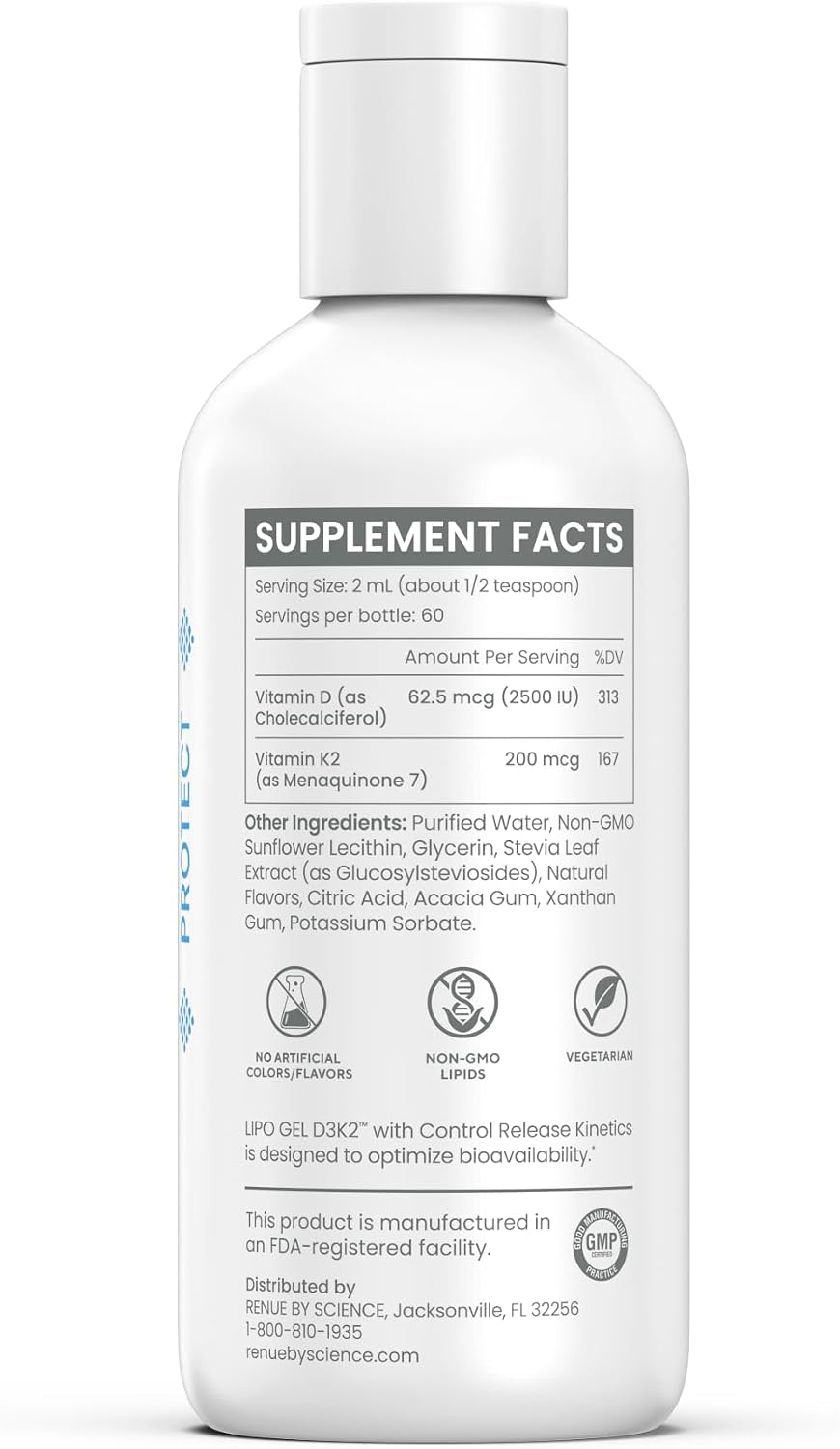Renue By Science Vitamin D3 K2 Gel - High Strength Liposomal D3 K2 Supplement - 120ml Vitamin D K2 Gel - 2500IU Vitamin D3 & 200mcg Vitamin K2 per Serving - Non-GMO & Allergen Free - Made in the USA