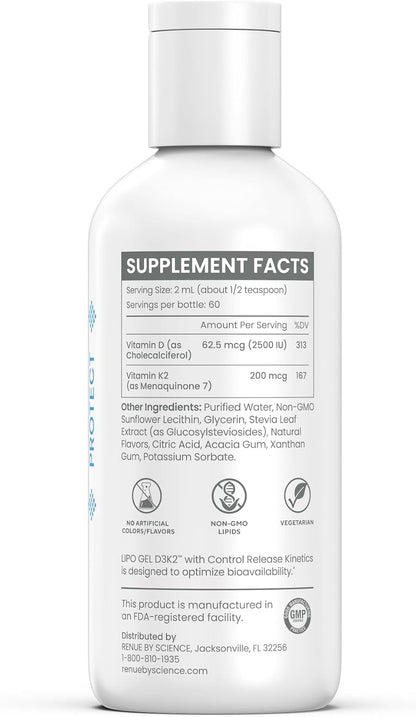 Renue By Science Vitamin D3 K2 Gel - High Strength Liposomal D3 K2 Supplement - 120ml Vitamin D K2 Gel - 2500IU Vitamin D3 & 200mcg Vitamin K2 per Serving - Non-GMO & Allergen Free - Made in the USA