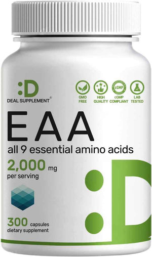 Essential Amino Acids (EAA) 2000mg Per Serving, 300 Capsules - Unflavored - 9 in 1, All BCAAs (Branched-Chain Aminos) - Lean Muscle Support & Natural Pre Workout Supplement