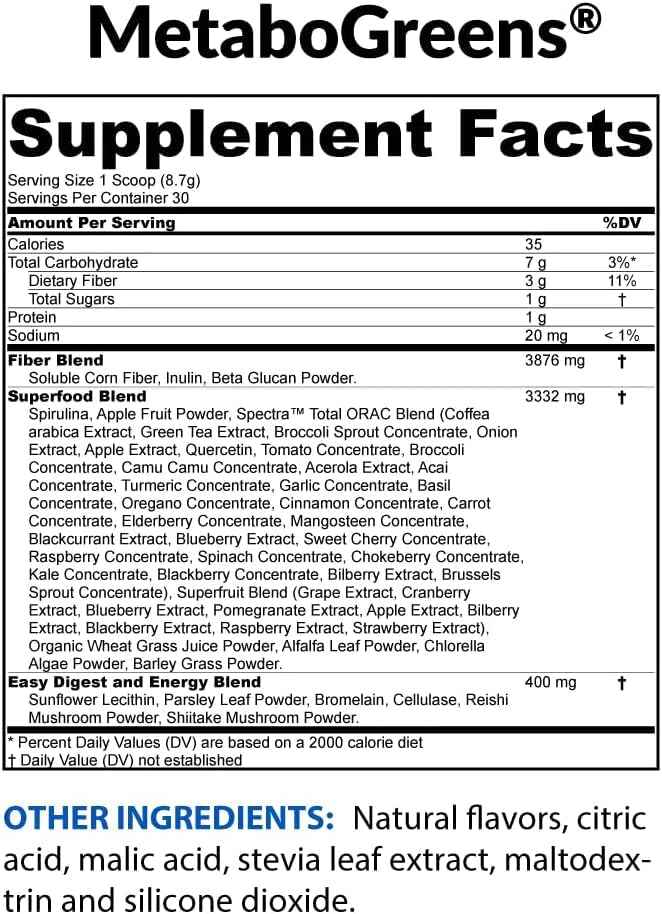 BioTrust Metabo Greens Superfood Powder - Super Greens Powder, Fruit & Veggie Blend with Clinically Studied Spectra - Non GMO, Soy Free, Gluten Free, Dairy Free, Energizing Berry Flavor (30 Servings)