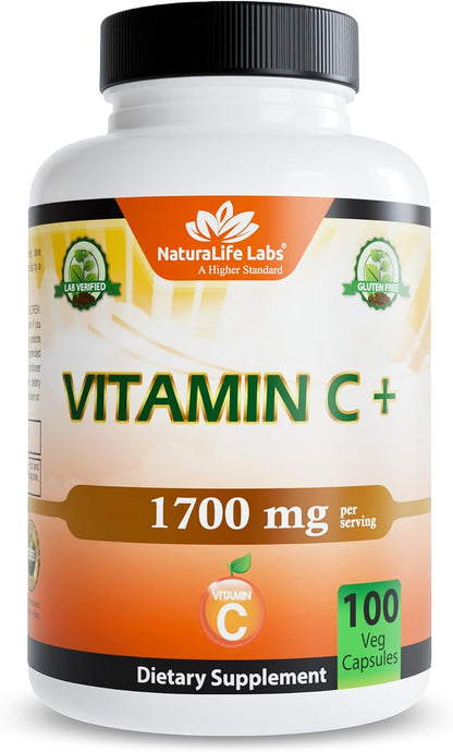 NaturaLife Labs Vitamin C with Vitamin D3, Zinc, Elderberry & Ginger Root - 1,700 mg per Serving - 100 Capsules, Vegan, Non-GMO, Gluten Free