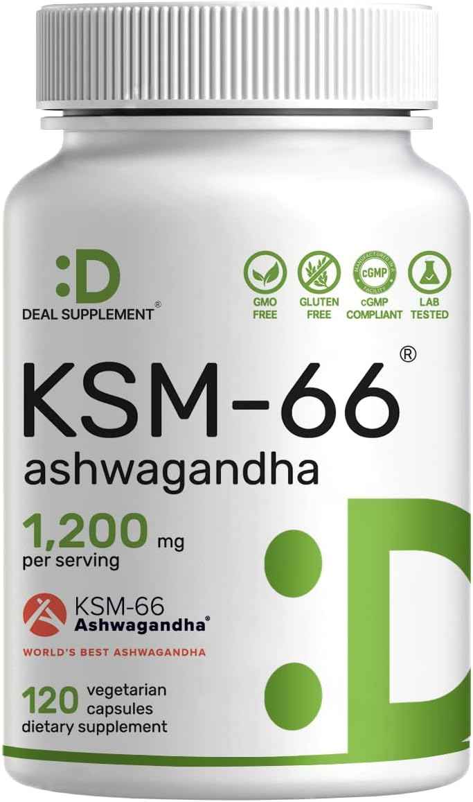 KSM 66 Ashwagandha 1,200mg with Black Pepper, 120 Veggie Capsules - Extra Strength Root Extract - High Absorption - Adaptogenic Supplements for Relaxation, Energy, & Brain Health - Non-GMO