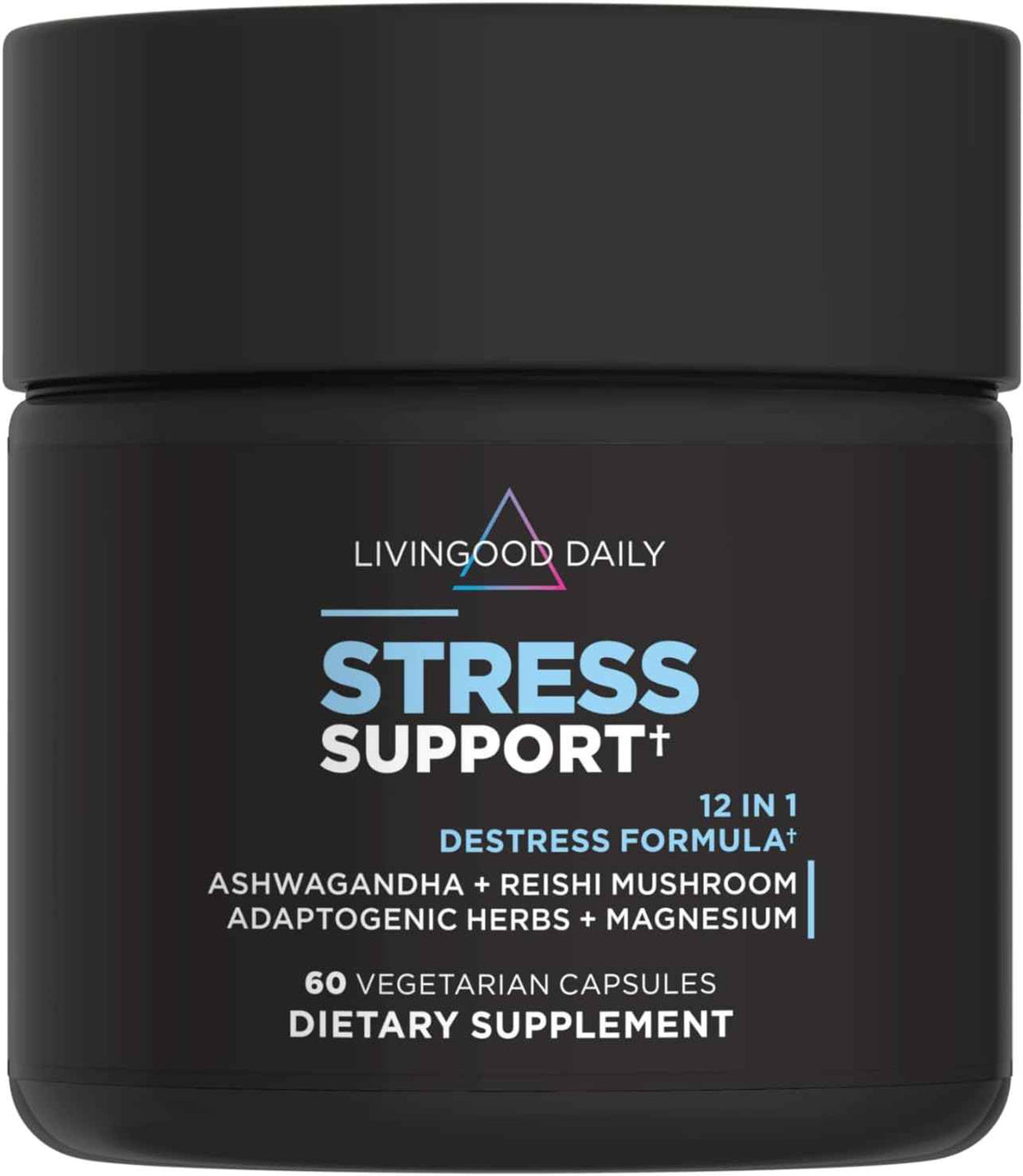 Livingood Daily Stress Support, 12-in-1 Supplement with Ashwagandha, Reishi Mushroom, Vitamin B6, Adaptogenic Herbs & Magnesium, Supports Mood & Calm, Gluten Free, Vegan, 60 Vegetarian Capsules