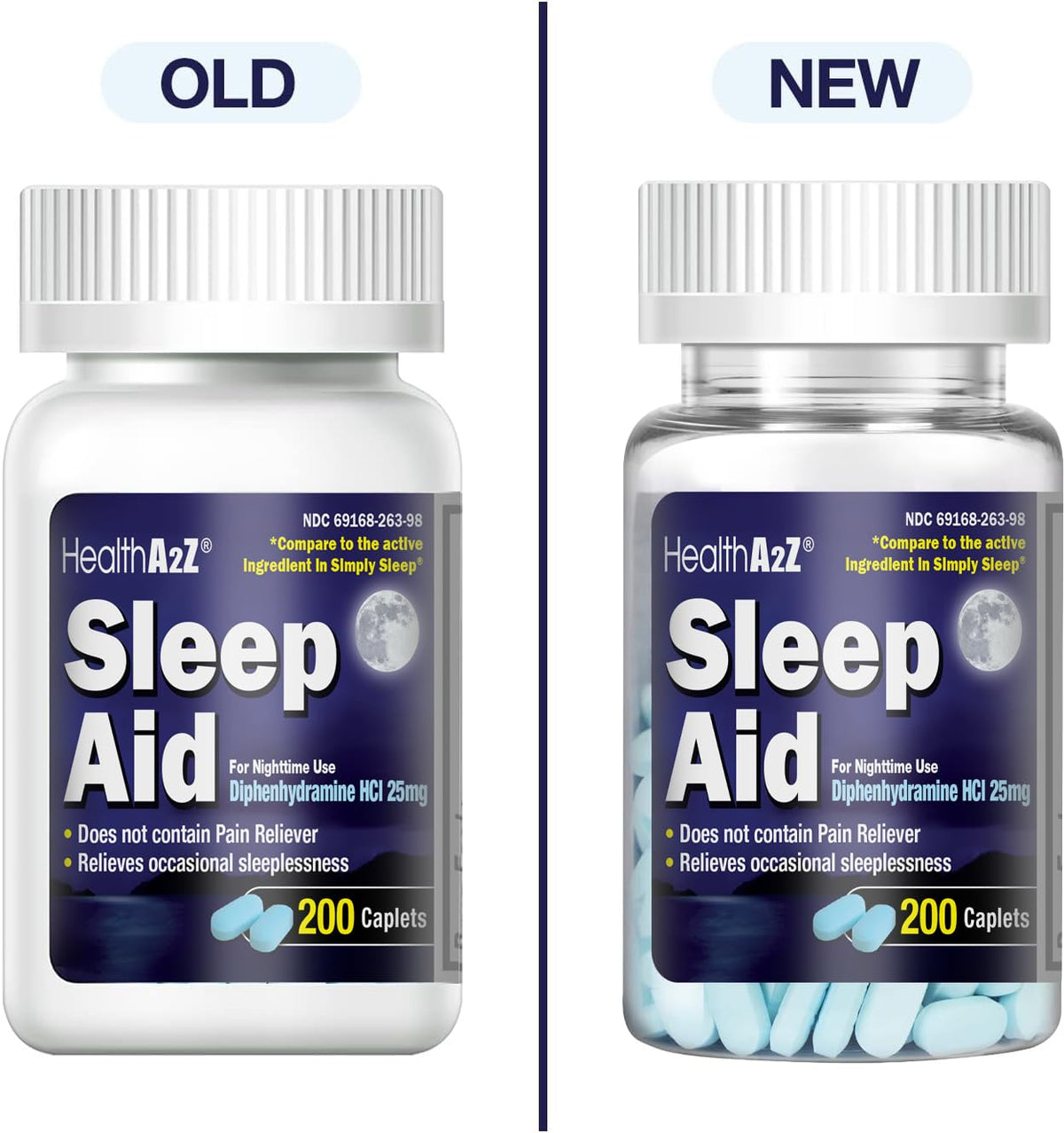 HealthA2Z® Sleep Aid, Diphenhydramine HCl 25mg, Regular Strength 200 Caplets