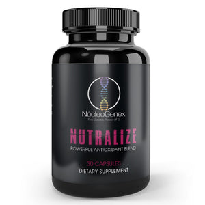 Black supplement bottle labeled 'Nutralize' by NucleoGenex on a white background
