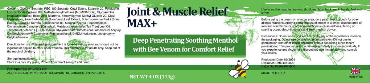 DUBOONAIO Max Energy Bee Venom Cream, Muscle Joint Soothing Cream, Pure Natural, for Back, Neck, Hands, Feet, Shoulder, Leg, Knee, Ankle Care