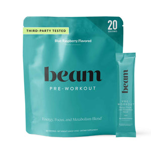 BEAM Pre Workout Powder - Pre Workout Supplement with Organic Caffeine, 350 mg Electrolytes & Nootropic Focus Support, No Sugar, Pre Workout for Women & Men, Blue Raspberry Flavor, 20 Servings