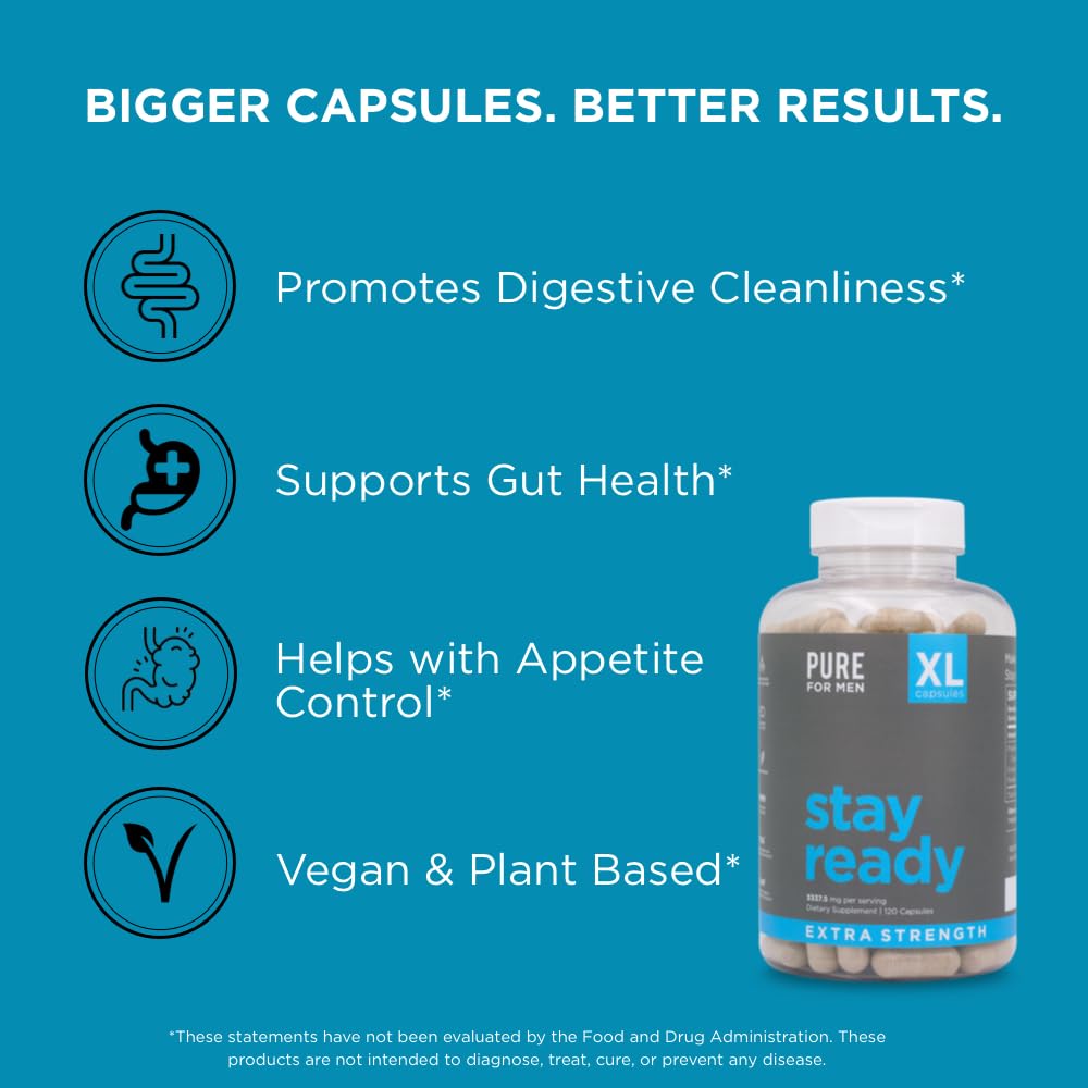 Pure for Men Stay Ready Fiber Extra Strength Supplement | Digestive Regularity | Bowel Movement & Gut Health Support | Vegan Cleanliness | Proprietary Formula | 120 Vegan XL Capsules