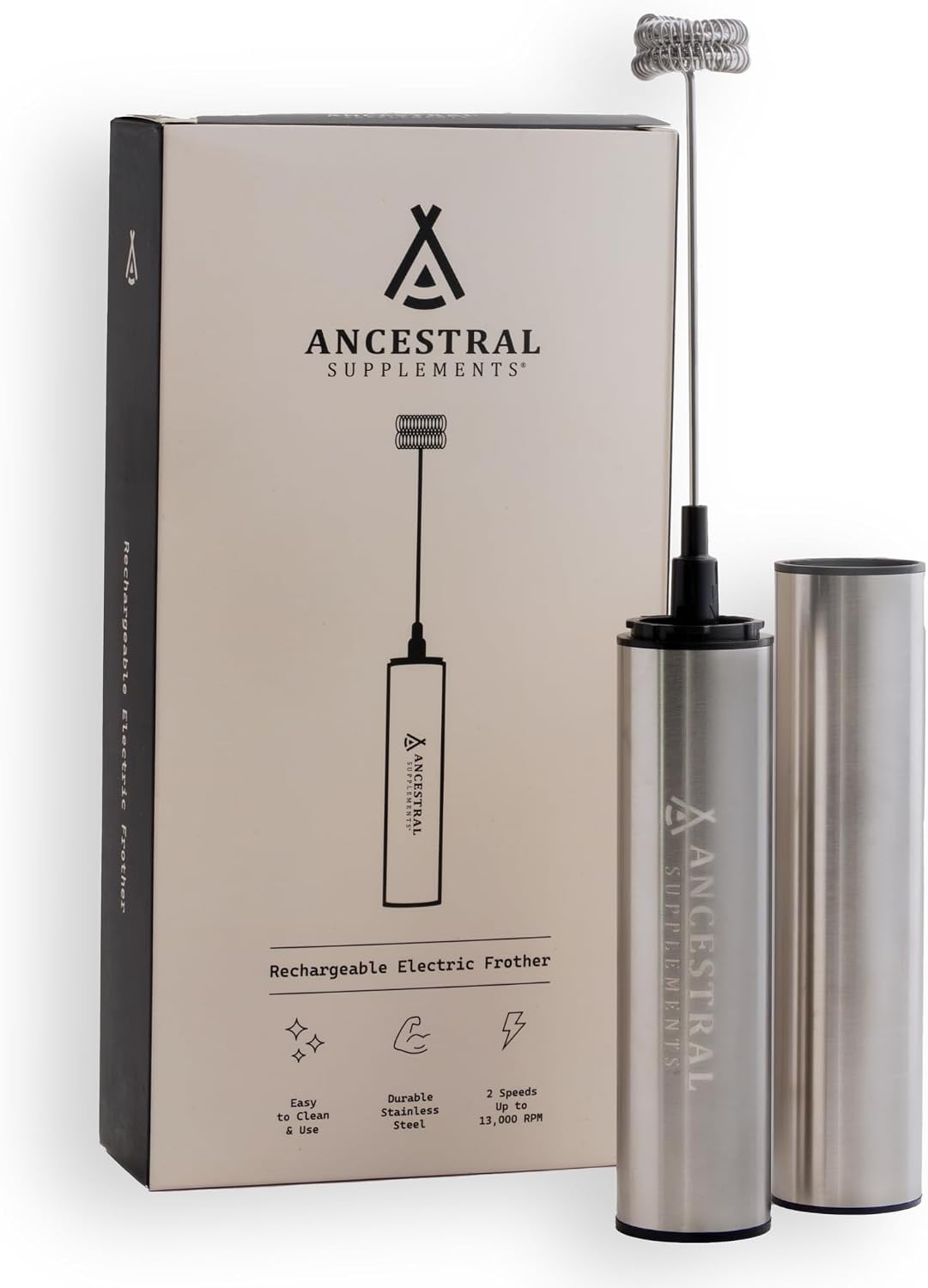 Ancestral Supplements Rechargeable Electric Frother Wand, Stainless Steel - Handheld milk frother and electric whisk for coffee, matcha latte and protein shakes. Fast, easy frothing.