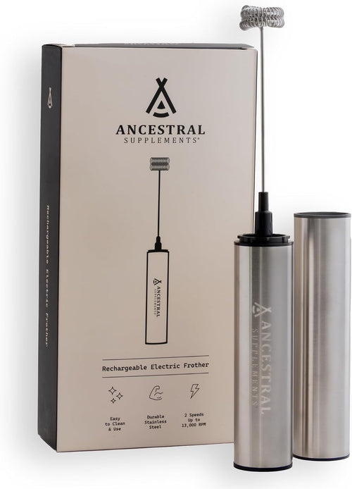 Ancestral Supplements Rechargeable Electric Frother Wand, Stainless Steel - Handheld milk frother and electric whisk for coffee, matcha latte and protein shakes. Fast, easy frothing.