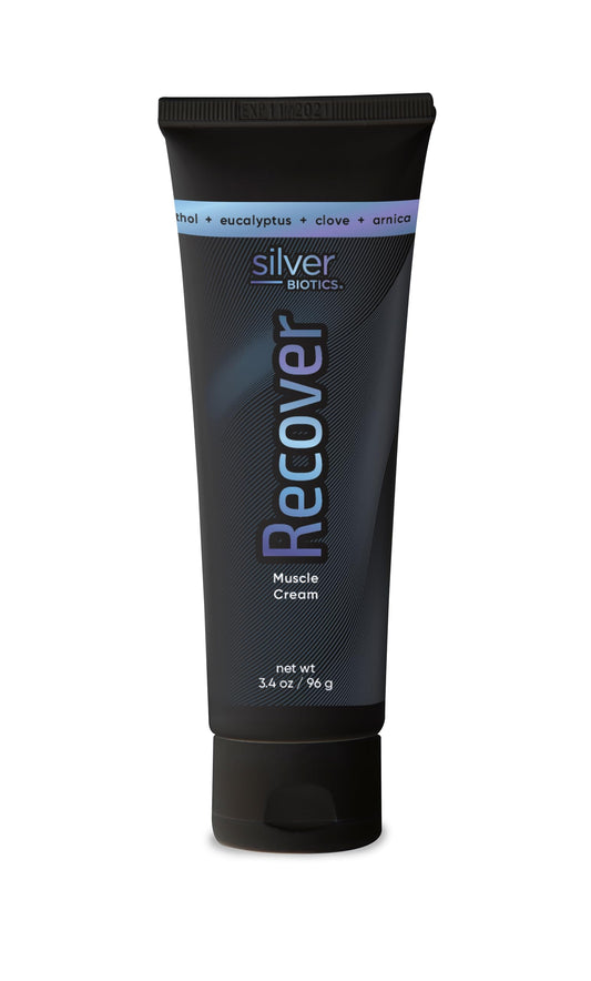 Silver Biotics Recover Muscle Cream | 20 ppm Patented Silver Solution | Arnica | Jojoba Oil | Camphor | Vitamin E | Silver Strong|3.4oz