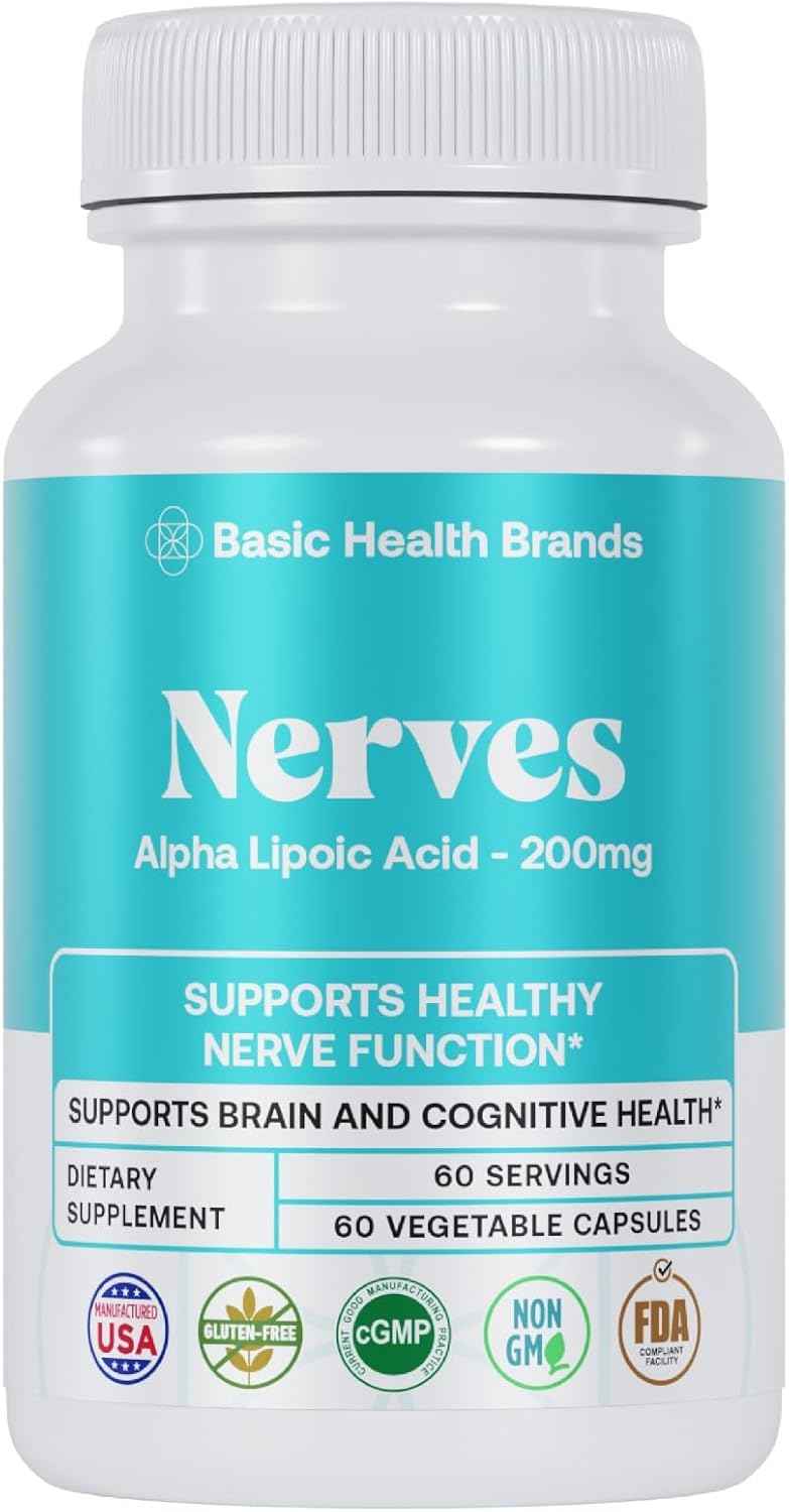 Basic Brands Nerves Alpha Lipoic Acid, 200 mg 1 Pack - Antioxidant, Immune Support, Eye Health Support, Heart Health Support, Nerve Health