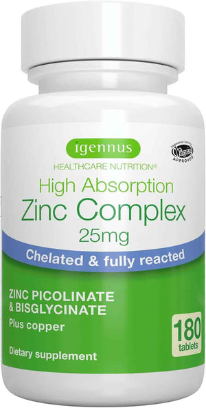 Igennus Chelated Zinc Complex 25mg with Copper, Picolinate & Bisglycinate - Fully Reacted, High Bioavailability & Gentle Digestion, Clean & Third-Party Tested, Immune & Skin Support, 6 Month Supply