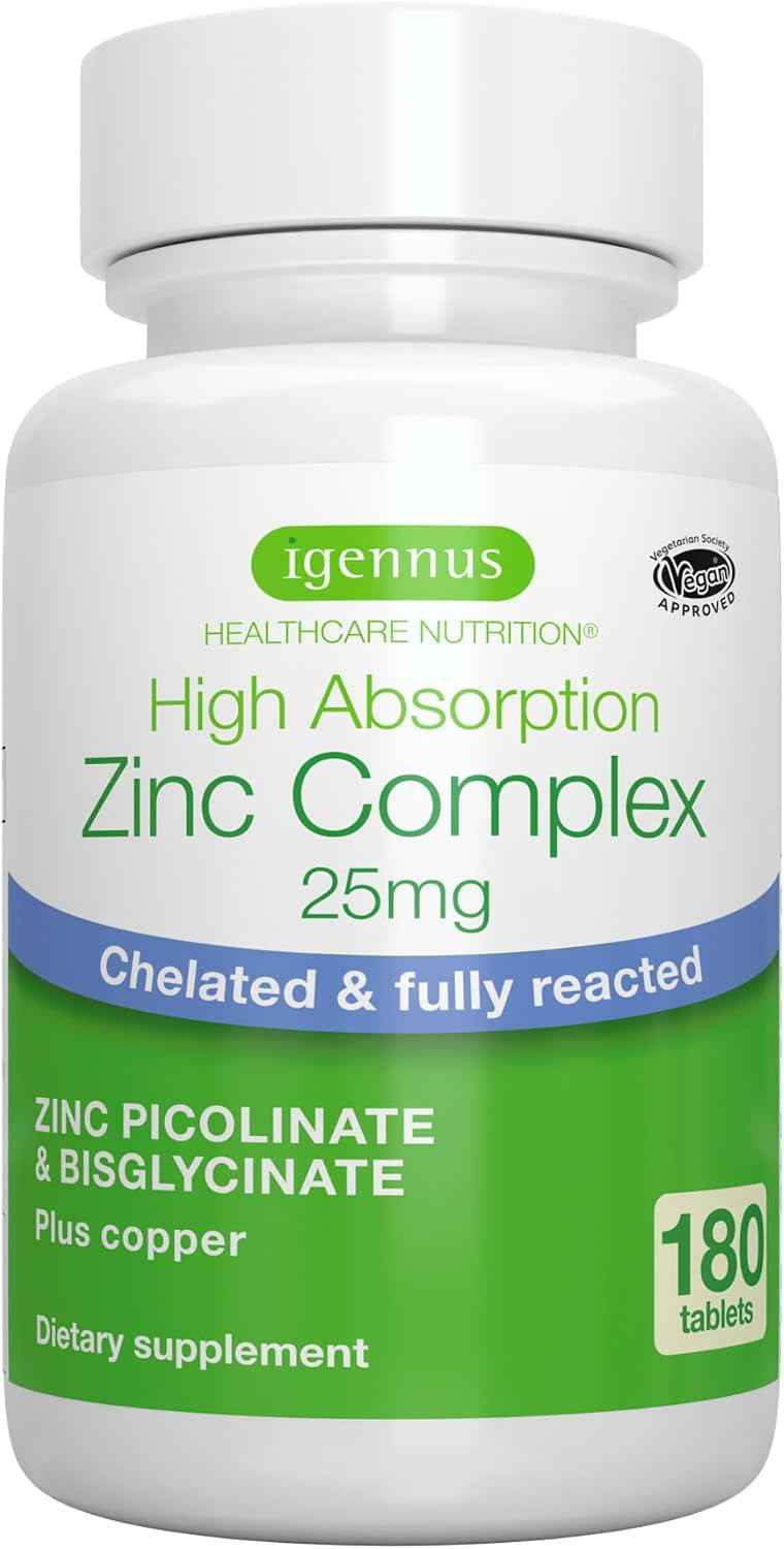 Igennus Chelated Zinc Complex 25mg with Copper, Picolinate & Bisglycinate - Fully Reacted, High Bioavailability & Gentle Digestion, Clean & Third-Party Tested, Immune & Skin Support, 6 Month Supply