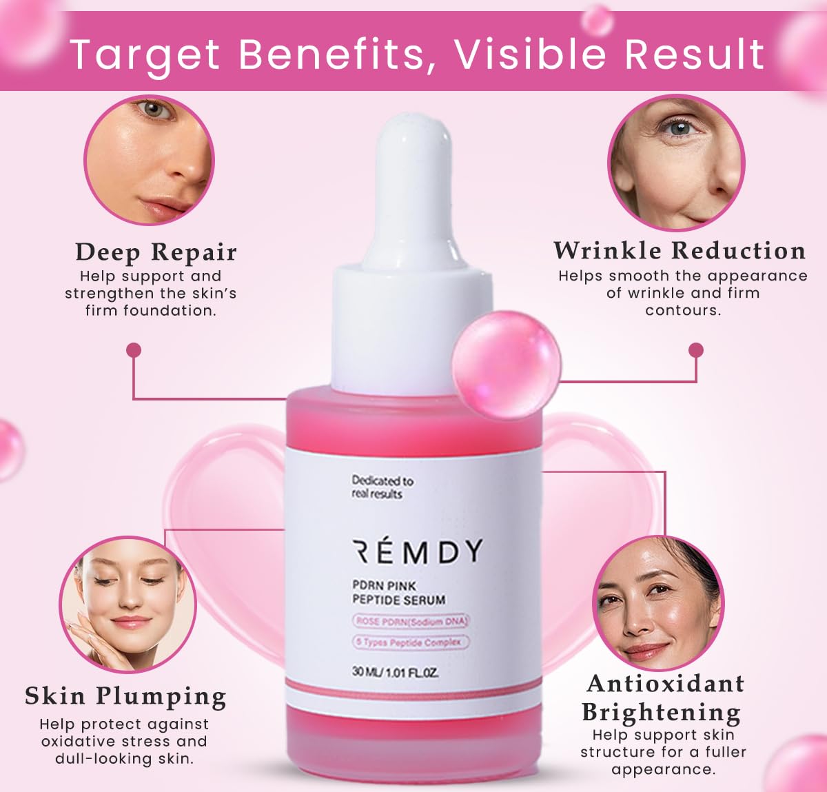 PDRN Pink Peptide Serum - 100% Natural, Vegan PDRN Serum (1 fl oz, 30ml) - Multi-Peptide & Hyaluronic, Skin Barrier Support, Wrinkle & Pore Care, Firming, Hydration Glow, Rose PDRN (Sodium DNA)