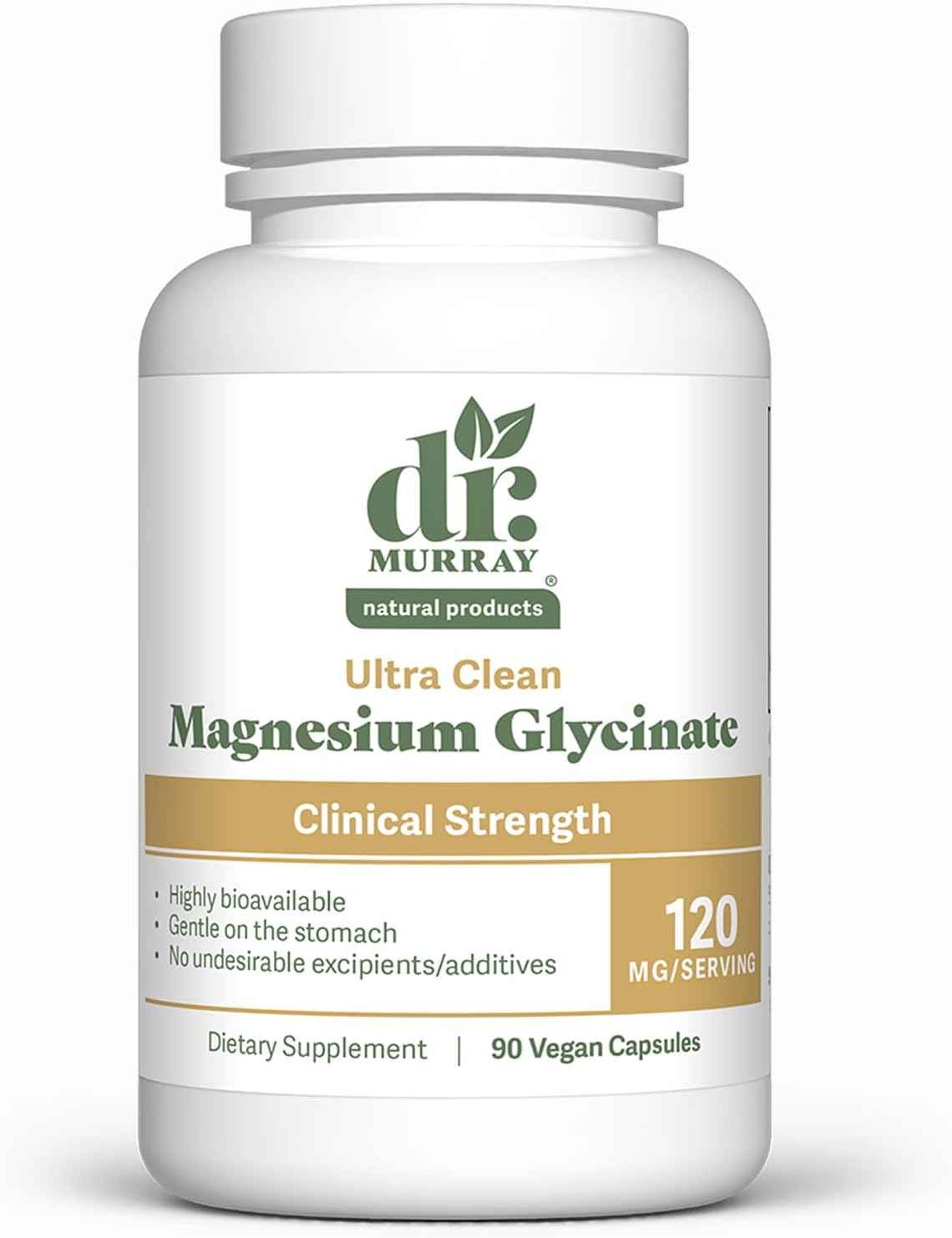 Dr. Murray's Ultra Clean Magnesium Glycinate - Supports Sleep, Relaxation, Heart & Muscle Function - Vegan - 120 mg - No Magnesium Stearate or Artificial Additives - 90 Capsules
