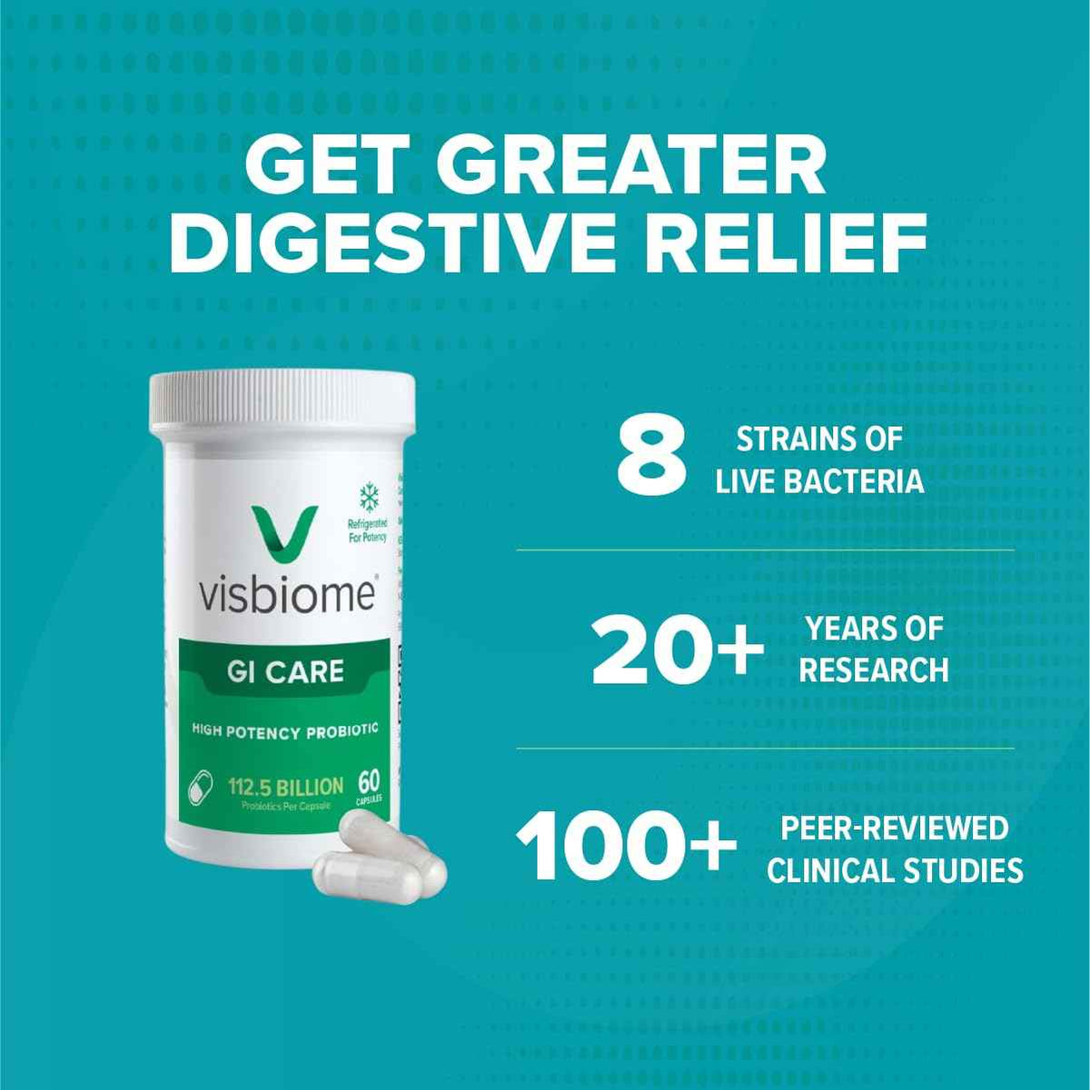 Visbiome GI Care High Potency Probiotic, 112.5B CFU, 60 Capsules - Original De Simone Formulation, Multi-Strain, Refrigerated Probiotics, Low FODMAP Certified, Gluten-Free, Made in USA