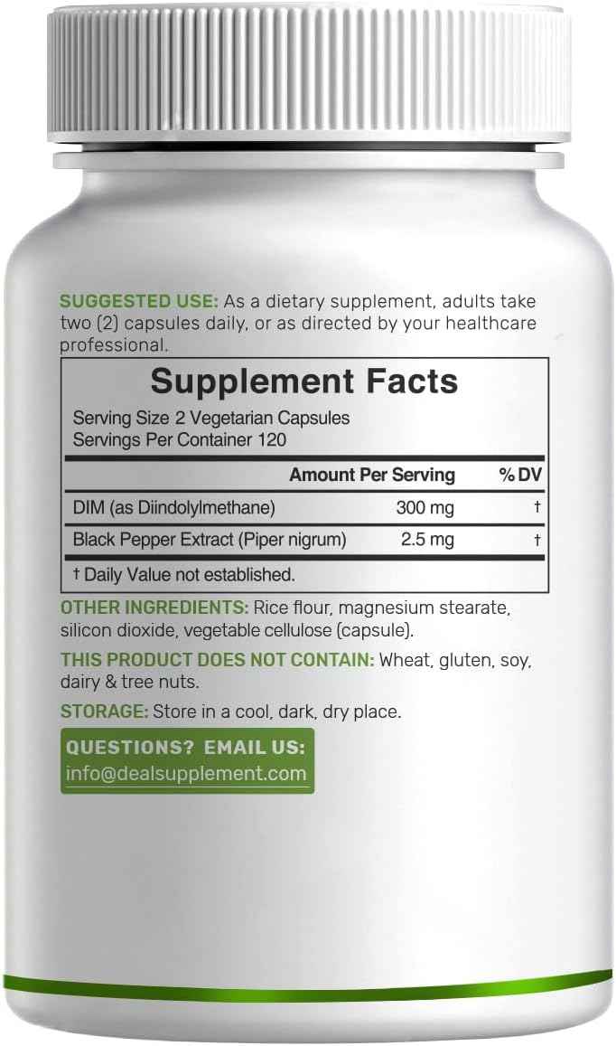 DIM Supplement 300mg with Black Pepper, 240 Vegetarian Caps, 4 Months Supply - 2-in-1 Dim Supplement for Women & Men - Diindolylmethane Plus Black Pepper Extract for Enhanced Absorption*