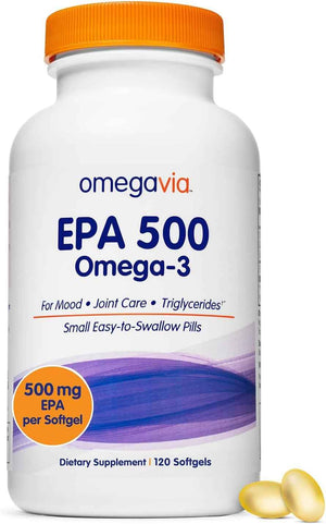 OmegaVia EPA 500, Purified Omega-3 Fish Oil Supplement, 500 mg EPA in Triglyceride Form, Burpless Fish Oil, Non-GMO, Gluten-Free, IFOS 5-Star, 120 Softgels