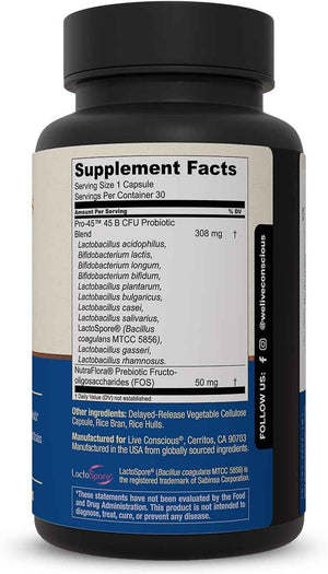 Live Conscious PRO45 Probiotics for Women & Men: Comprehensive Formula, 45 Billion CFU, 11 Strains, Dairy Free - w/Prebiotics and Probiotics - Promotes Immune & Gut Health - 30 Veggie Caps