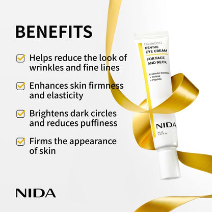 NIDA Revive Eye Cream for Face & Neck - Probiotic, Retinal & Peptide Formula for Wrinkles, Firmness & Cell Turnover (1.35 fl. oz / 40ml)