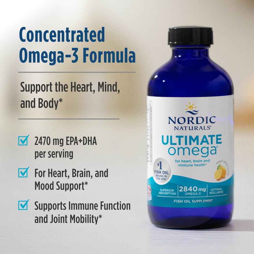 Nordic Naturals Ultimate Omega Liquid, Lemon Flavor - 8 oz - 2840 mg Omega-3 - High-Potency Fish Oil Supplement with EPA & DHA - Promotes Brain & Heart Health - Non-GMO - 48 Servings