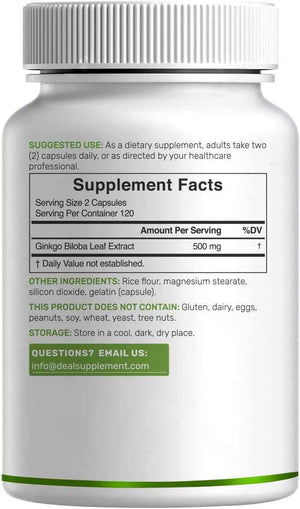 DEAL SUPPLEMENT Ginkgo Biloba 500mg Per Serving, 240 Capsules, 4 Month Supply - Grown in Northern Asia - Extra Strength, Promotes Brain Function