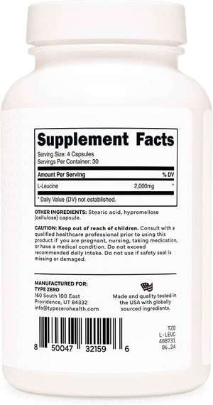 Type Zero L-Leucine Capsules (2000mg) 120 Capsules, 30 Servings