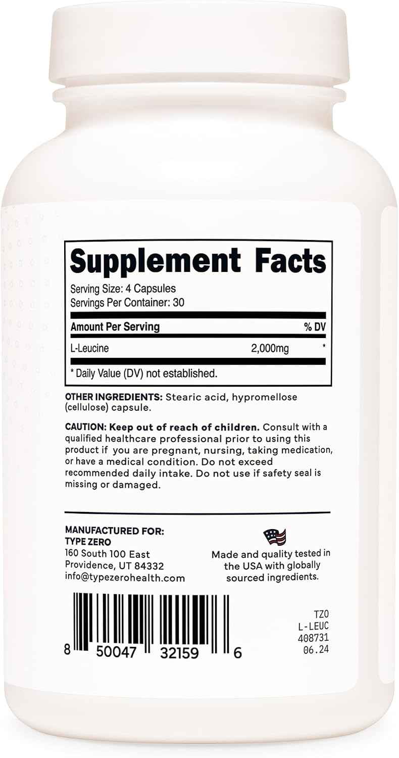 Type Zero L-Leucine Capsules (2000mg) 120 Capsules, 30 Servings