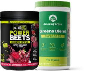Two supplement containers, one labeled 'Power Beets' and the other 'Greens Blend', on a white background.