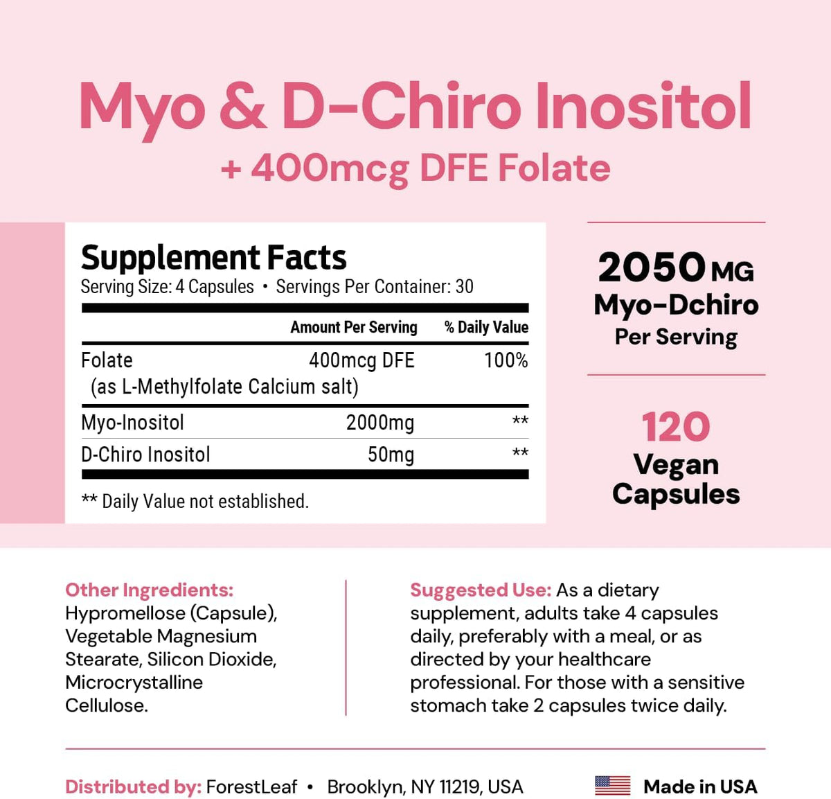 Myo-Inositol & D-Chiro Inositol Supplement for Women's Health - Fertility Supplements Women - Inositol 40:1 Ratio Support Ovarian Function & Healthy Hormone Balance Women - 2050mg - 120 Powder Caps