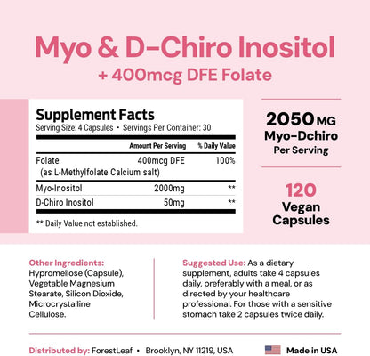 Myo-Inositol & D-Chiro Inositol Supplement for Women's Health - Fertility Supplements Women - Inositol 40:1 Ratio Support Ovarian Function & Healthy Hormone Balance Women - 2050mg - 120 Powder Caps