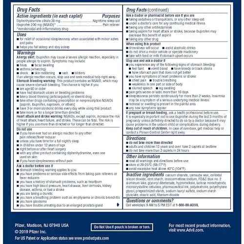 Advil PM Pain Reliever and Nighttime Sleep Aid, Pain Medicine with Ibuprofen for Pain Relief and Diphenhydramine Citrate for a Sleep Aid - 50x2 Coated Caplets