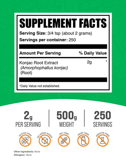 BulkSupplements.com Glucomannan Powder - from Konjac Root Extract Powder, Glucomannan Supplements - Gluten Free, 2g per Serving, 500g (1.1 lbs) (Pack of 1)