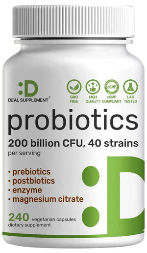 DEAL SUPPLEMENT Probiotics for Women & Men, 200 Billion CFU Per Serving, 240 Vegetarian Capsules, 4 Month Supply | 40 Strains with Prebiotics, Enzymes & Magnesium Citrate | Non-GMO, Gluten Free