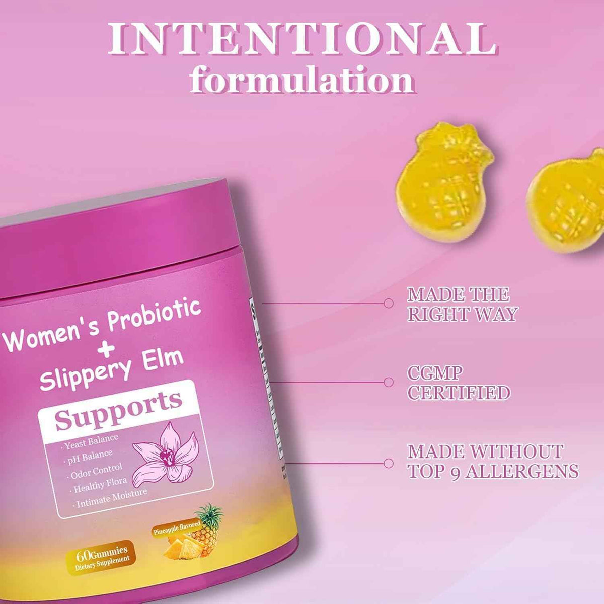 DYALE Her Juicy Feminine Probiotics Gummies for Women - Pineapple Flavor - Supports pH Balance, Gut Health & Immune System - with Slippery Elm, Prebiotics & Lactobacillus Blend - 60 Gummies (1pc)