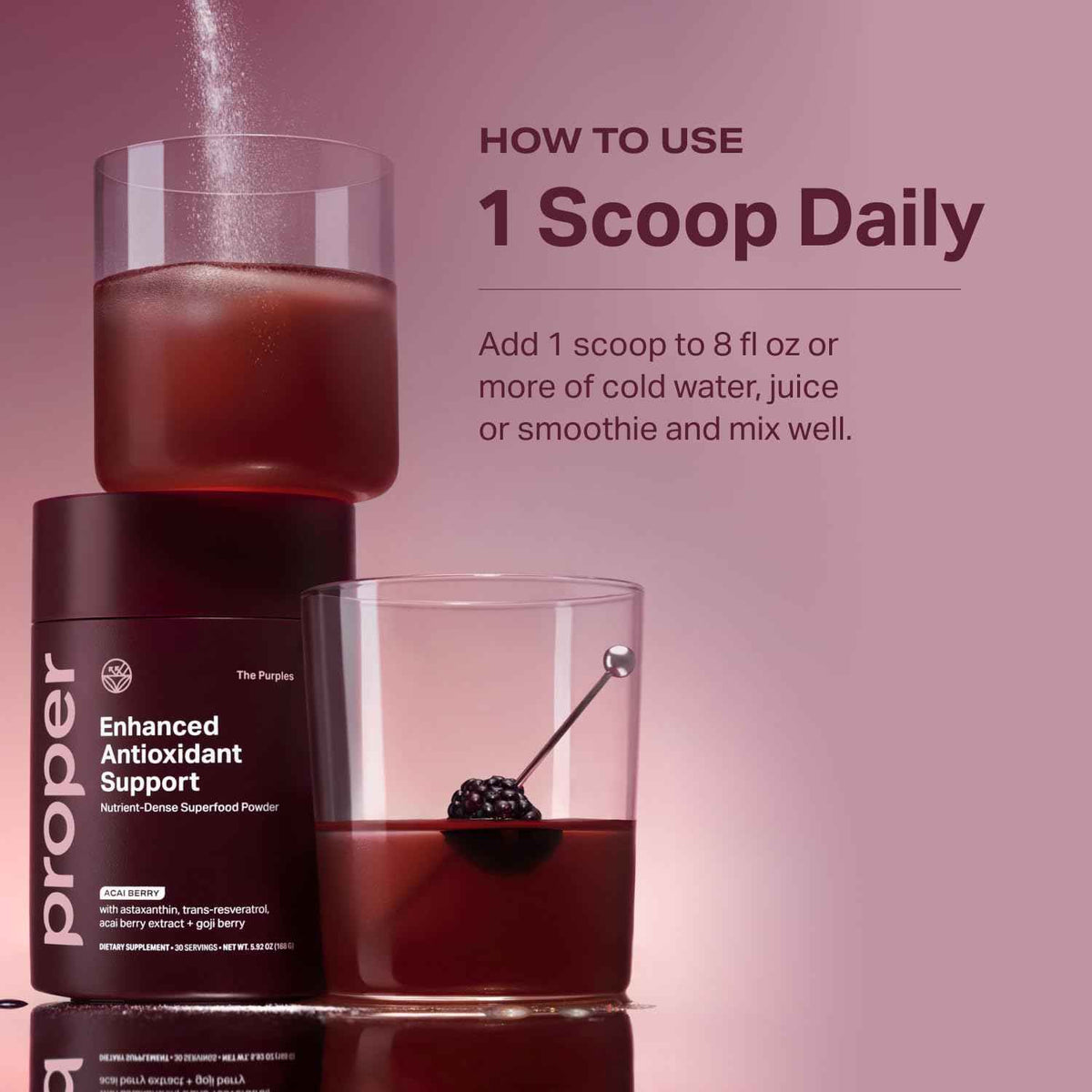 Proper, The Purples Nutrient-Dense Superfood Powder - Antioxidant Supplement and Cellular Support - Acai, Amla, Blueberry, Vitamin C, B Vitamins & More - Enhanced with Prebiotic Fiber & Probiotics