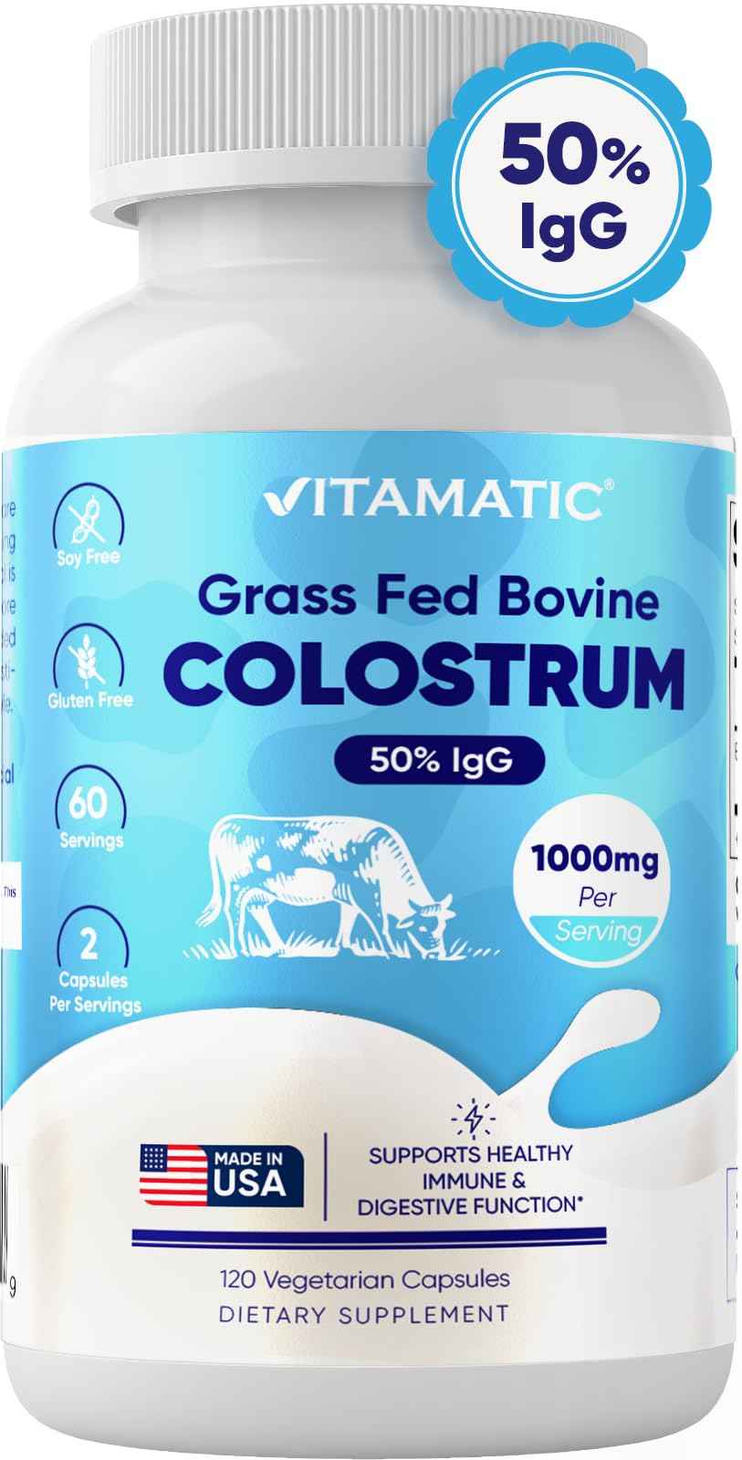 Vitamatic Bovine Colostrum Supplement 1000 mg per Serving - 50% Highest IgG - Supplement for Gut Health, Hair Growth, Beauty, Muscle Recovery, & Immune Support - 120 Capsules