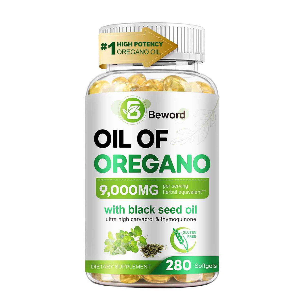 BEWORD Oil of Oregano with Black Seed Oil, 280 Softgels, 9000mg Per Serving - 2-in-1 Oregano Supplement for Immune Health with High Carvacrol & Thymoquinone - Plant-Based, Non-GMO